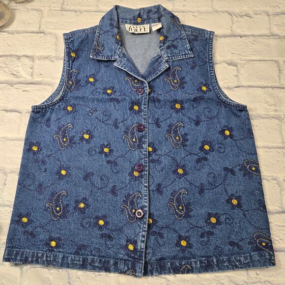 Keren Hart Vest Lightweight Denim Metallic Gold Embroidery Floral size Large - Picture 1 of 11